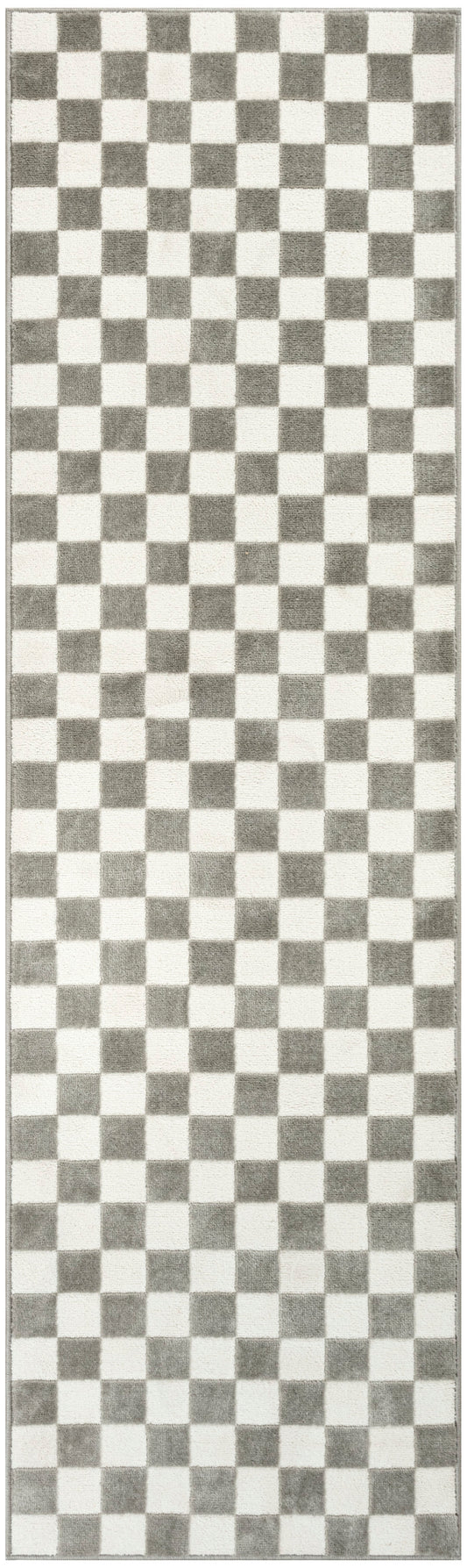 Gray and white checkerboard rug runner with plush pile for stylish floor decor.
