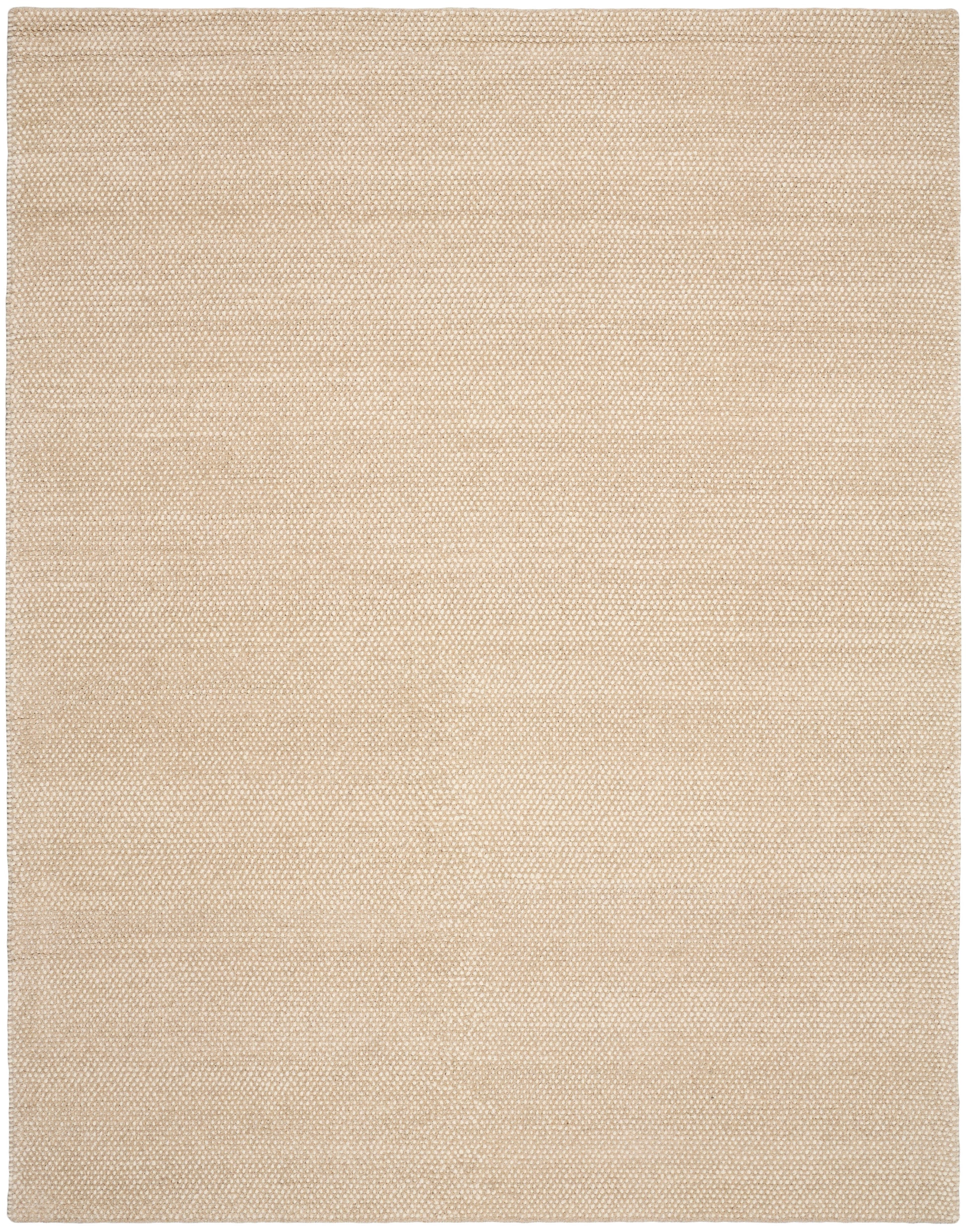 Beige woven flatweave rug with subtle texture; rectangular natural fiber style for living spaces.