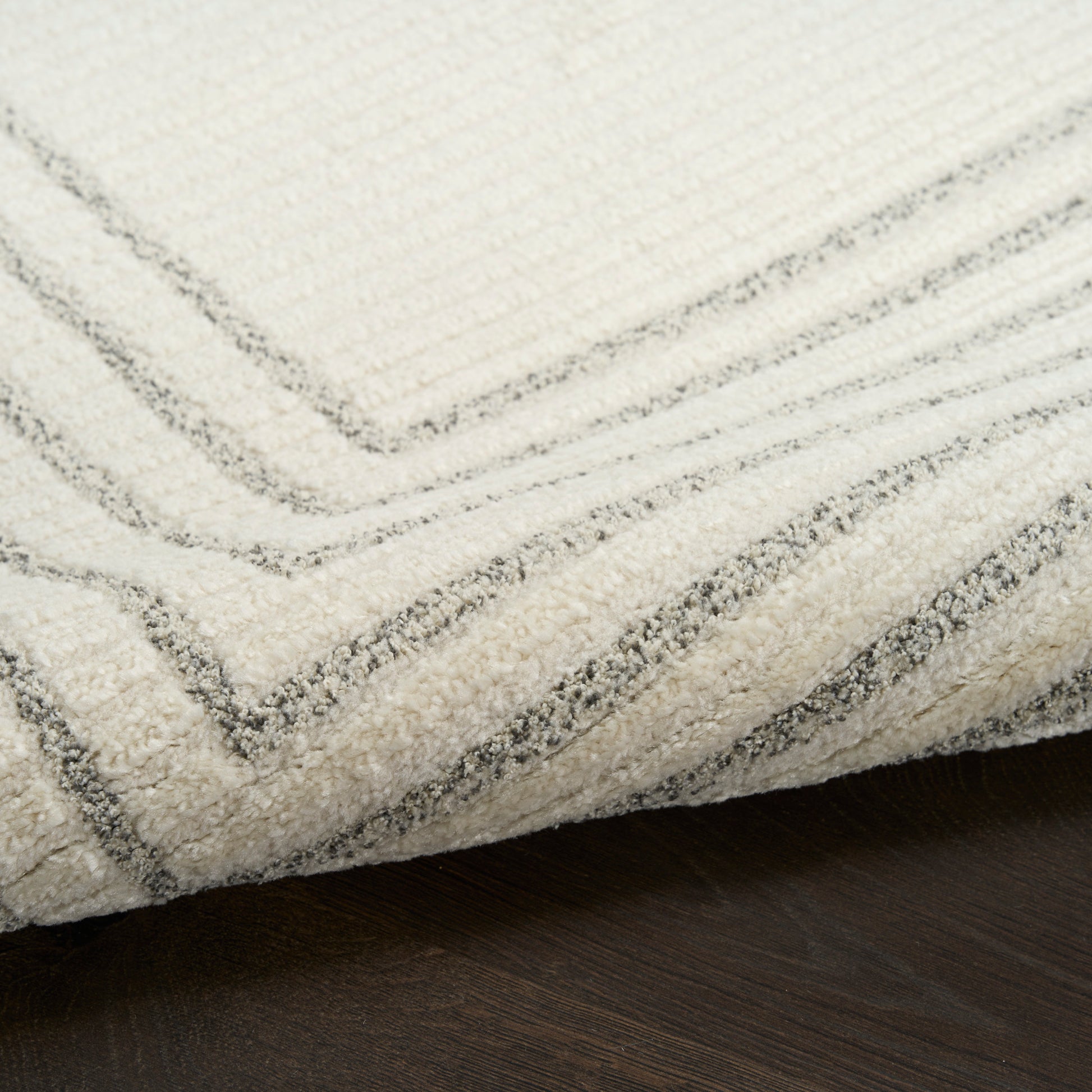 Cream textured area rug with grey chevron border, soft pile on dark wooden floor.