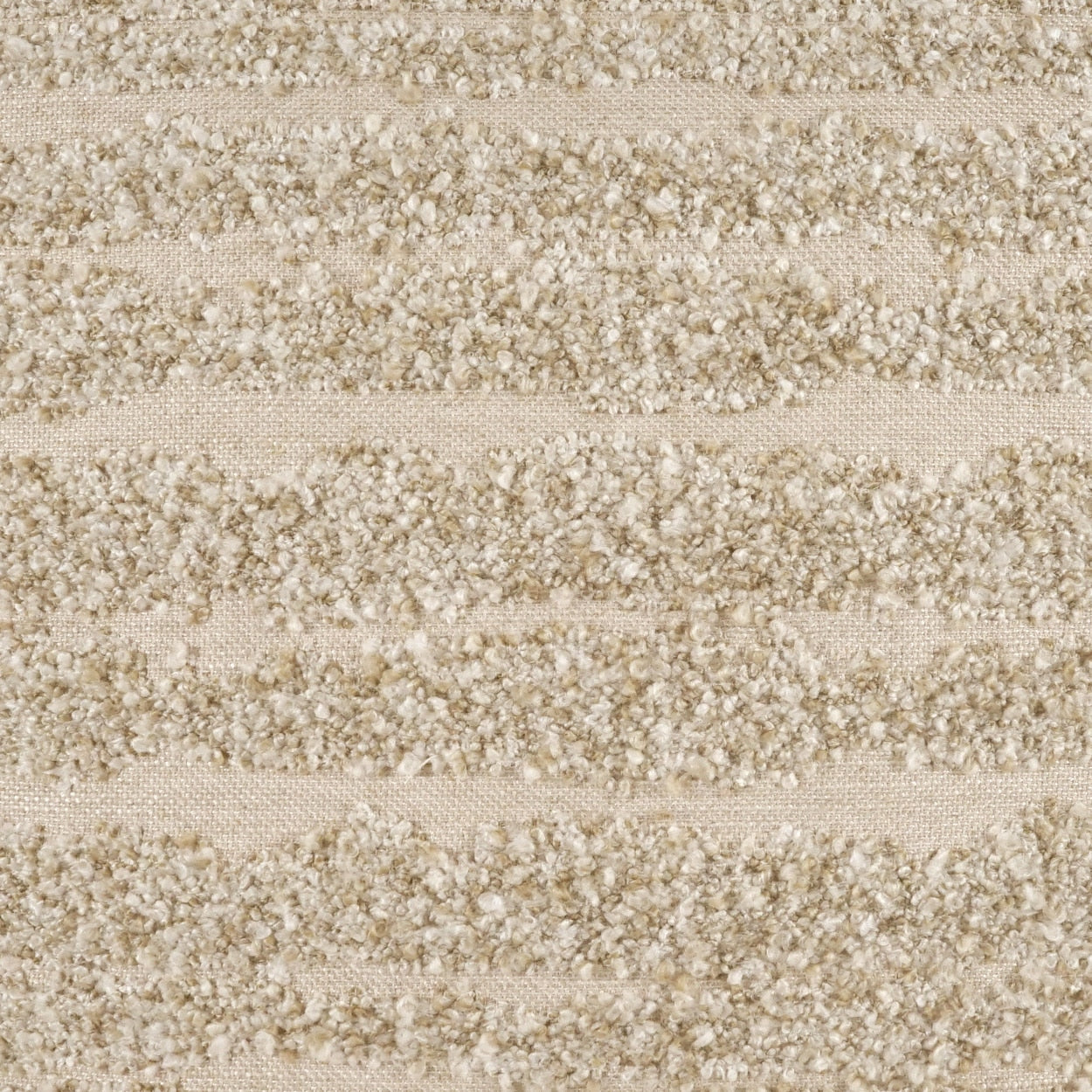 Beige textured fabric with horizontal ribbed stripes and boucle-like fluffy clusters.