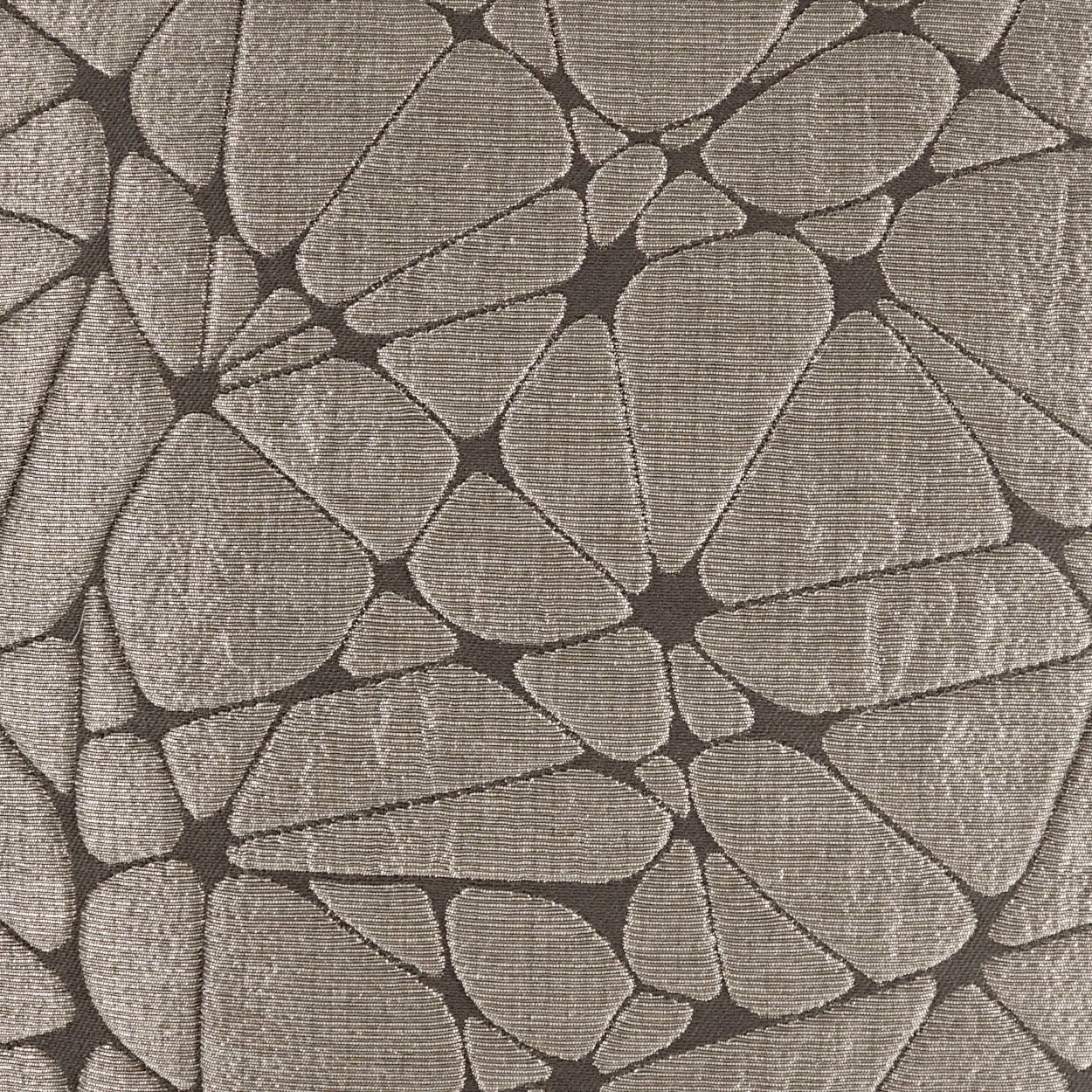 Beige crackle-mosaic upholstery fabric with irregular pebble shapes and dark grout lines.