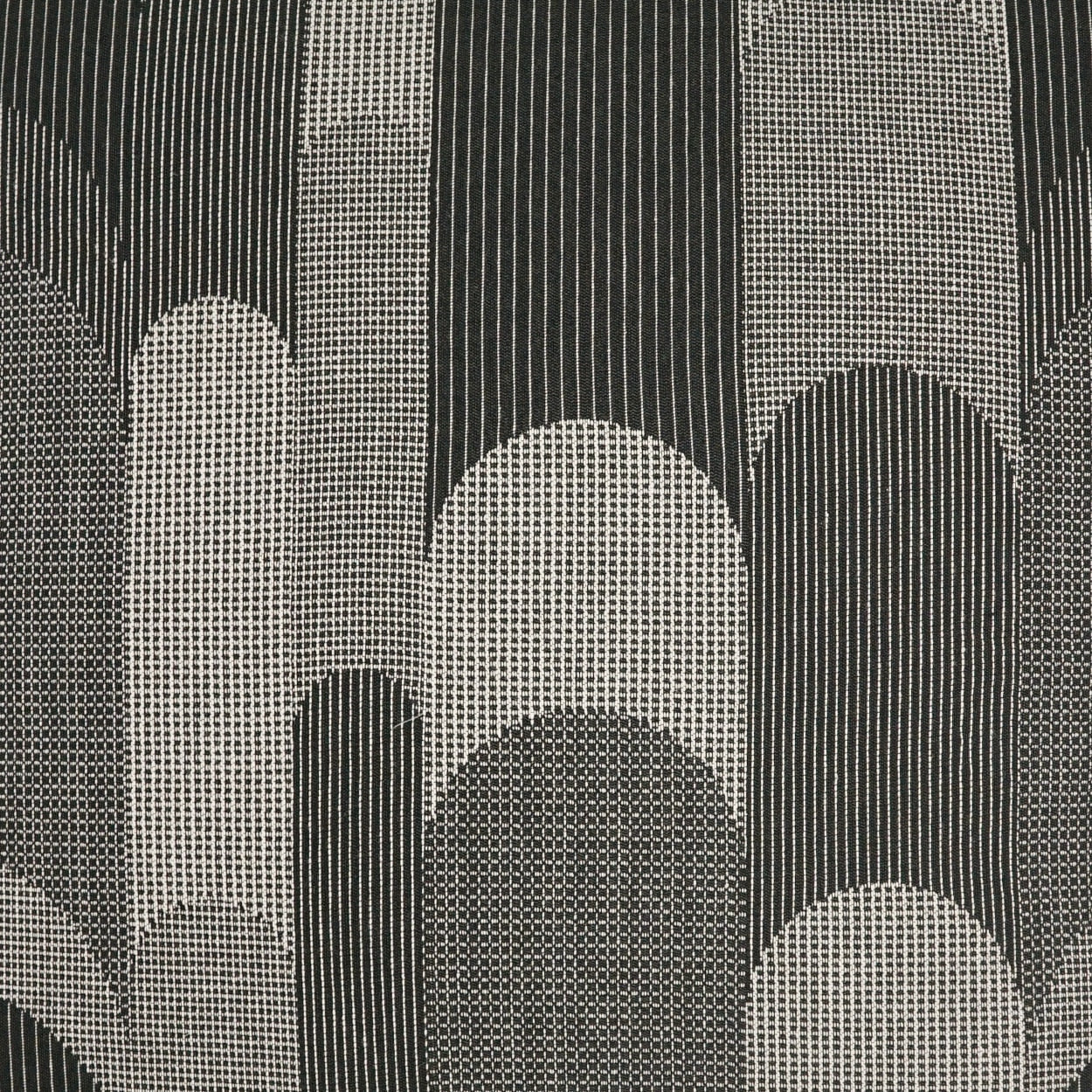 Grey and black fabric with vertical stripes and overlapping rounded arch shapes in a halftone dot pattern.