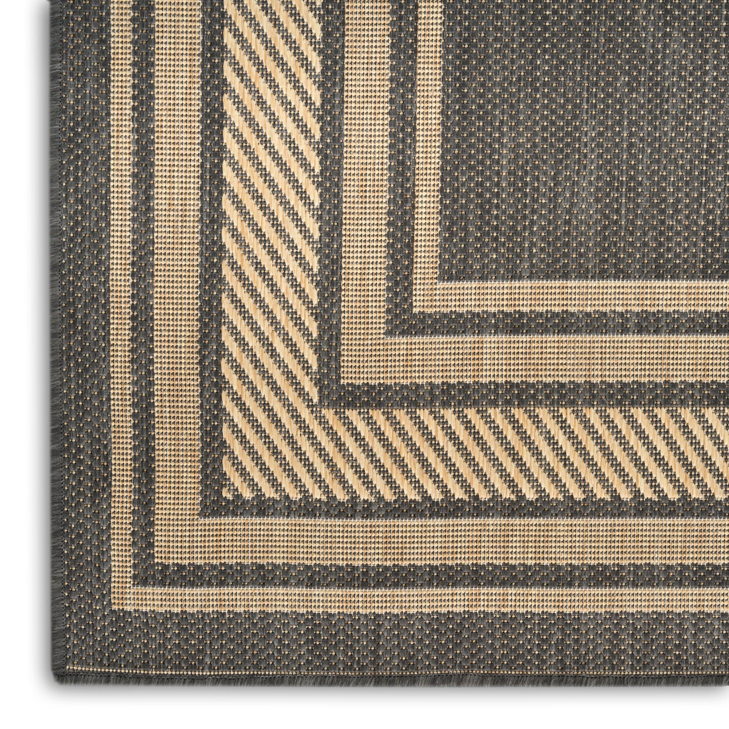 Beige and charcoal woven rug with concentric square borders and a geometric striped pattern.