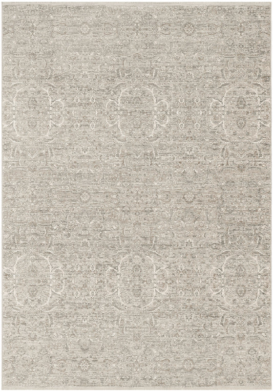 Neutral beige damask patterned area rug with subtle antique distress; rectangular, plush pile for living rooms.