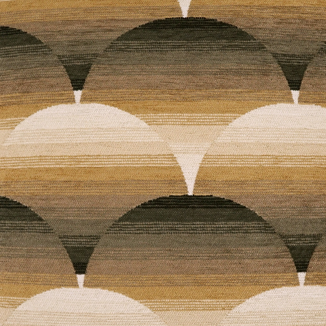Woven rug pattern with overlapping semicircles in earth tones (brown, tan, cream).