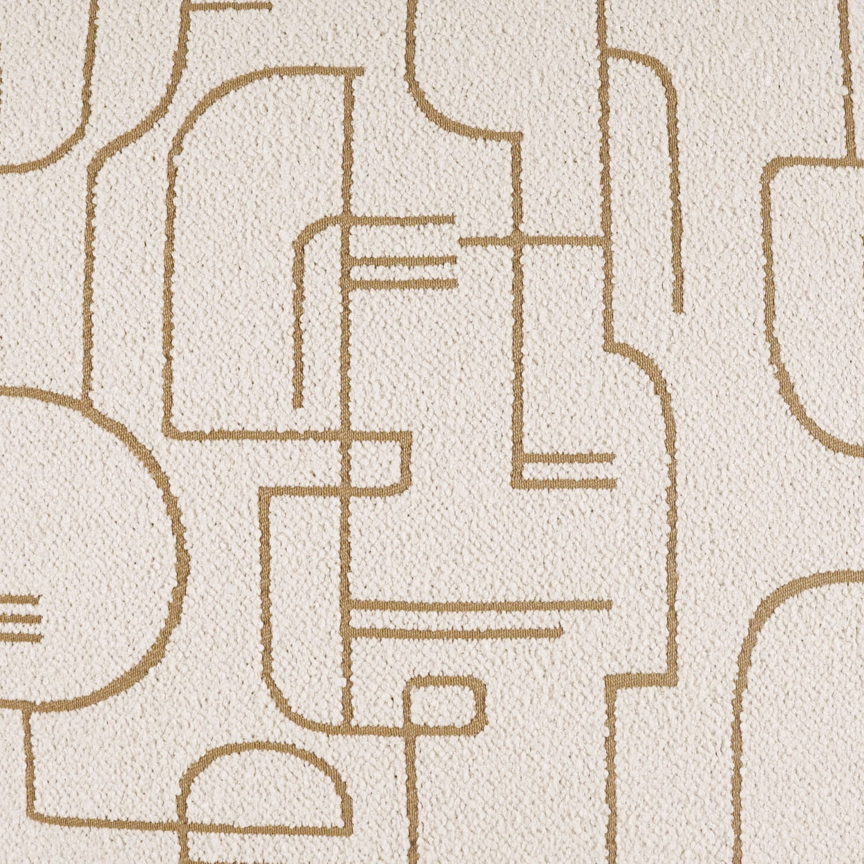 Beige textured fabric with tan geometric lines forming an abstract maze pattern in a retro mid-century style.