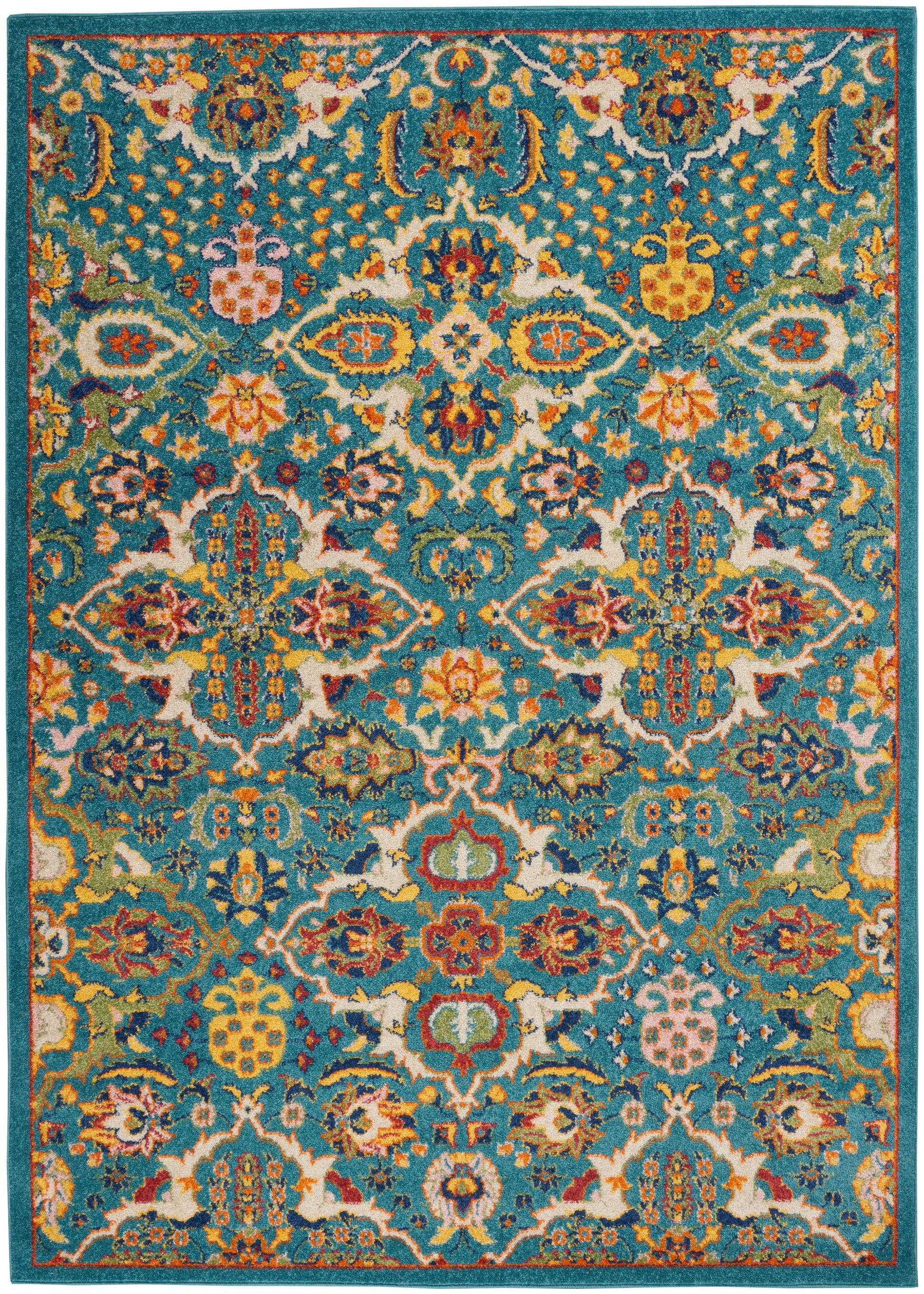 Teal Persian-style area rug with colorful floral medallions, orange, yellow, ivory accents; bordered.