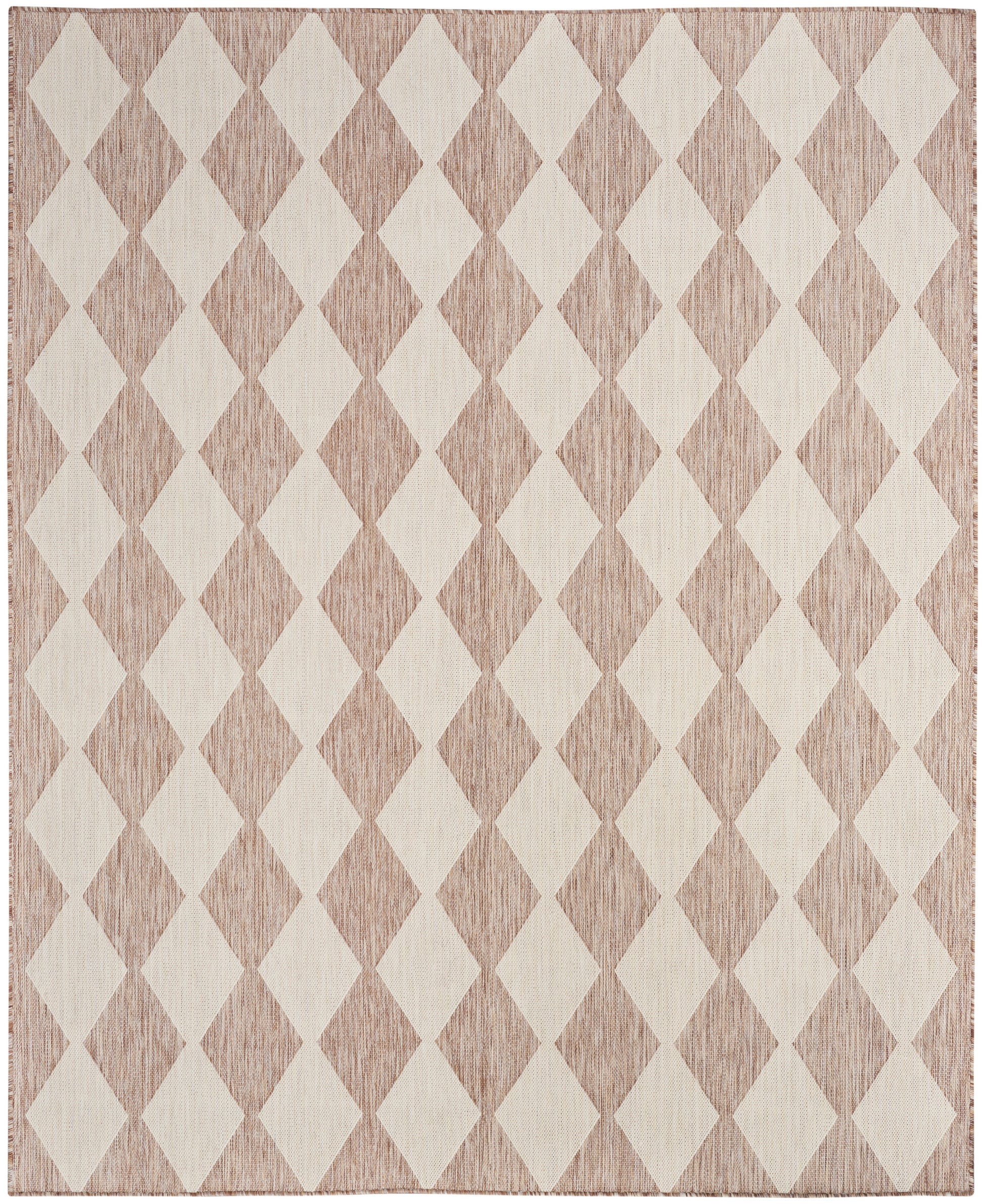 Rectangular area rug in beige & taupe diamond pattern with a woven texture; neutral, modern home decor.