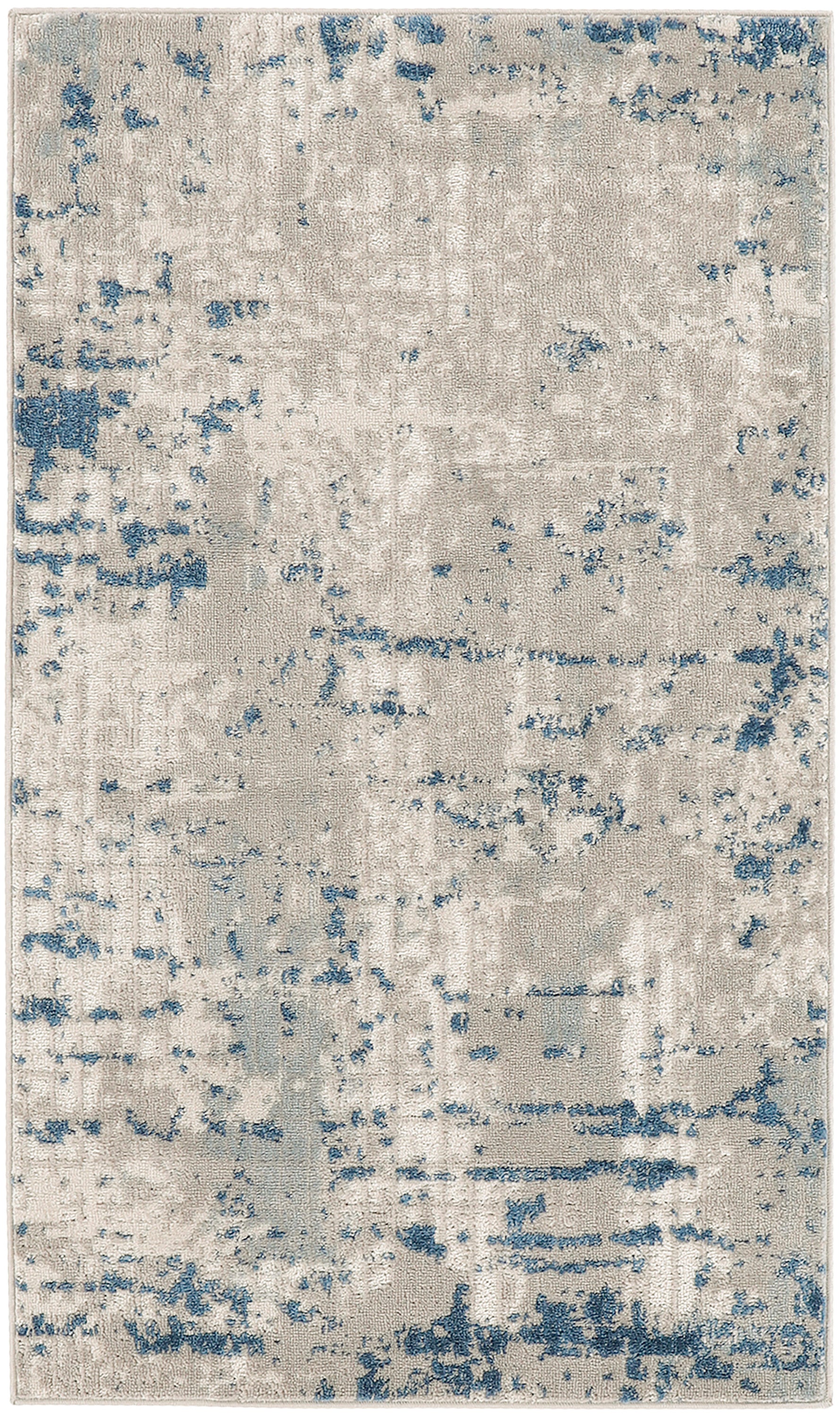 Beige abstract area rug with blue distressed patches and vintage worn texture.