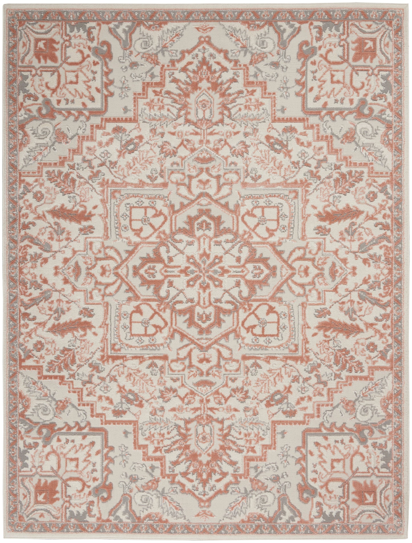 Peach & ivory oriental area rug with a central medallion, floral motifs & intricate border; distressed vintage look.