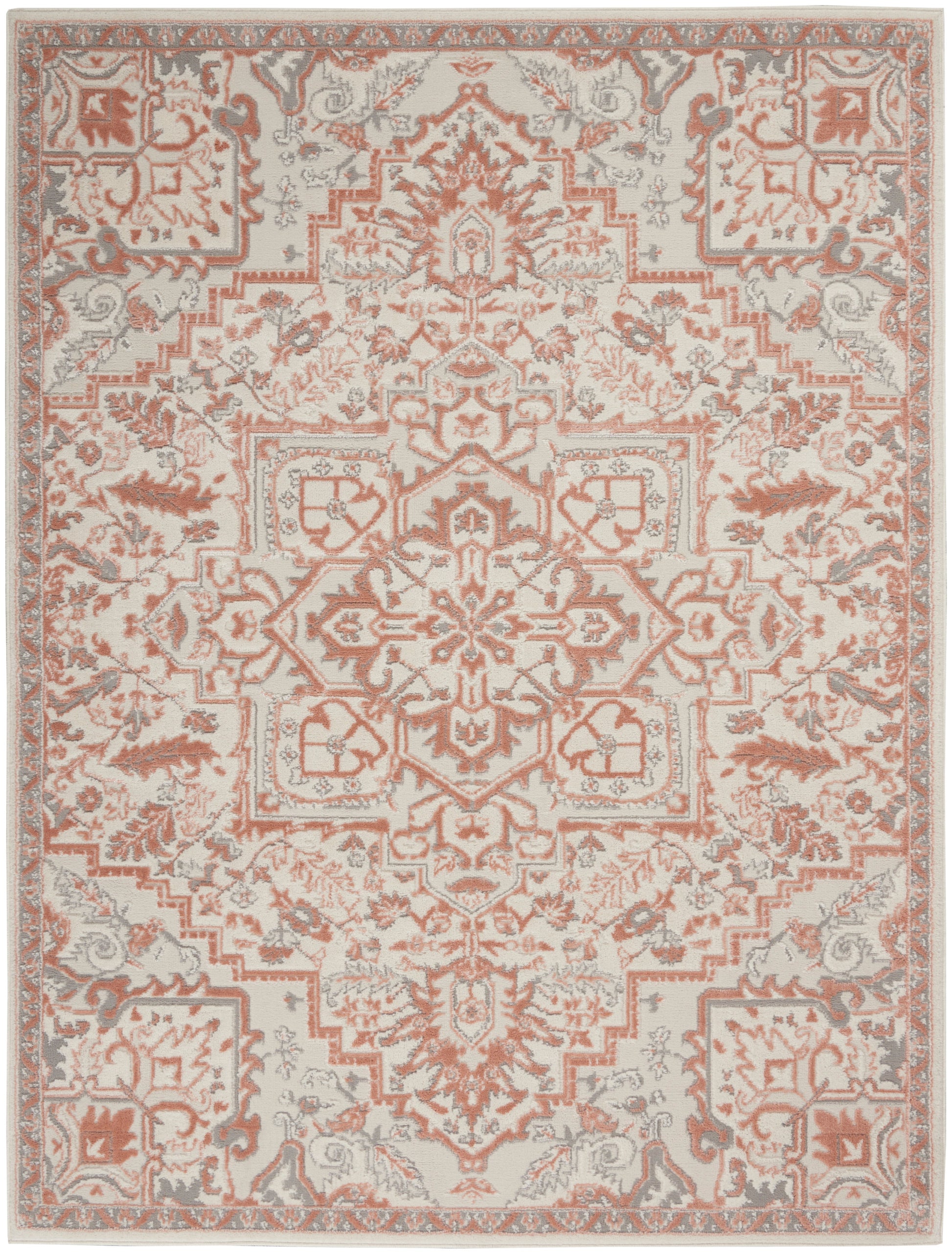 Peach & ivory oriental area rug with a central medallion, floral motifs & intricate border; distressed vintage look.