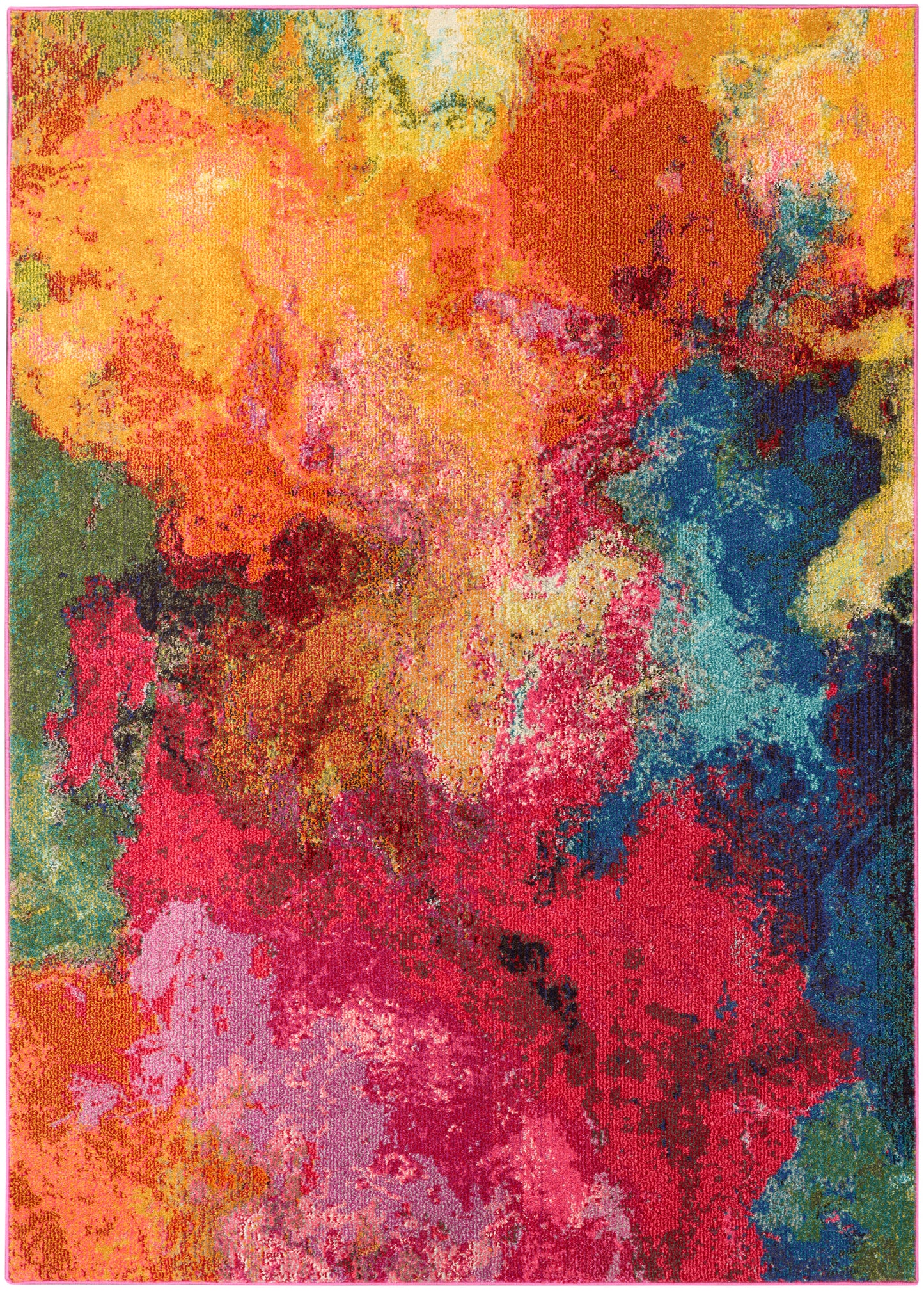 Abstract multicolor rug with orange, yellow, pink, red, blue & green blotches; modern decor.