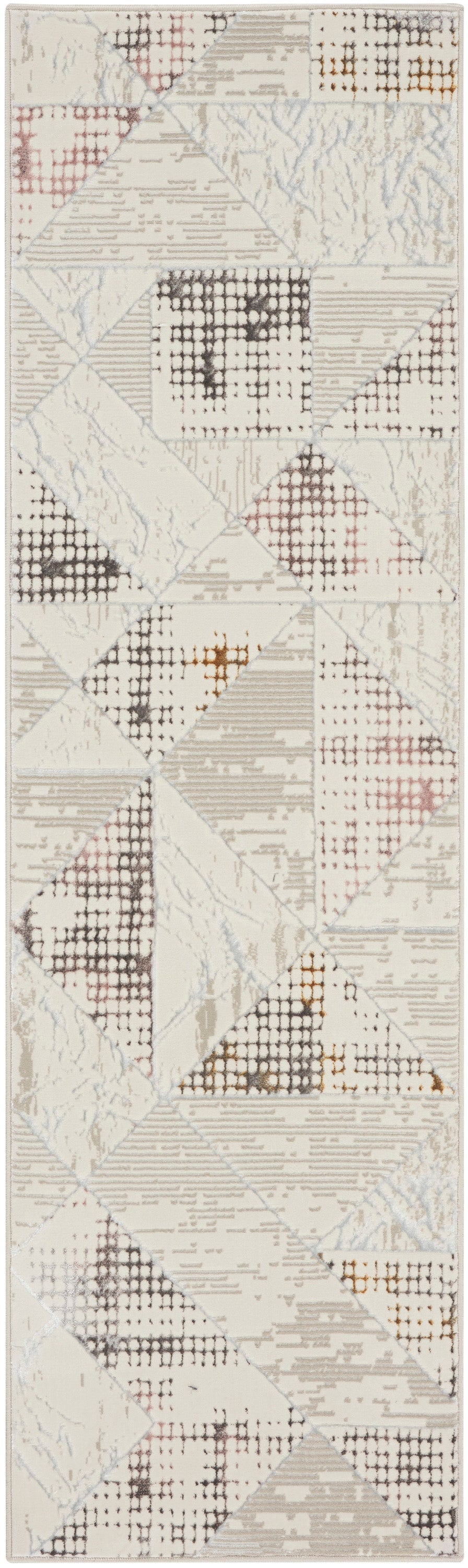 Neutral geometric wallpaper panel with patchwork diamonds, distressed map textures in beige, taupe, gray & rust.