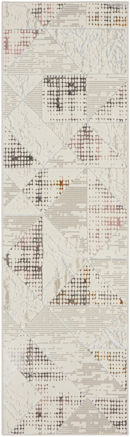 Neutral geometric wallpaper panel with patchwork diamonds, distressed map textures in beige, taupe, gray & rust.