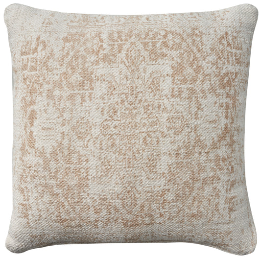 Square throw pillow in ivory beige with a soft woven texture; farmhouse style.