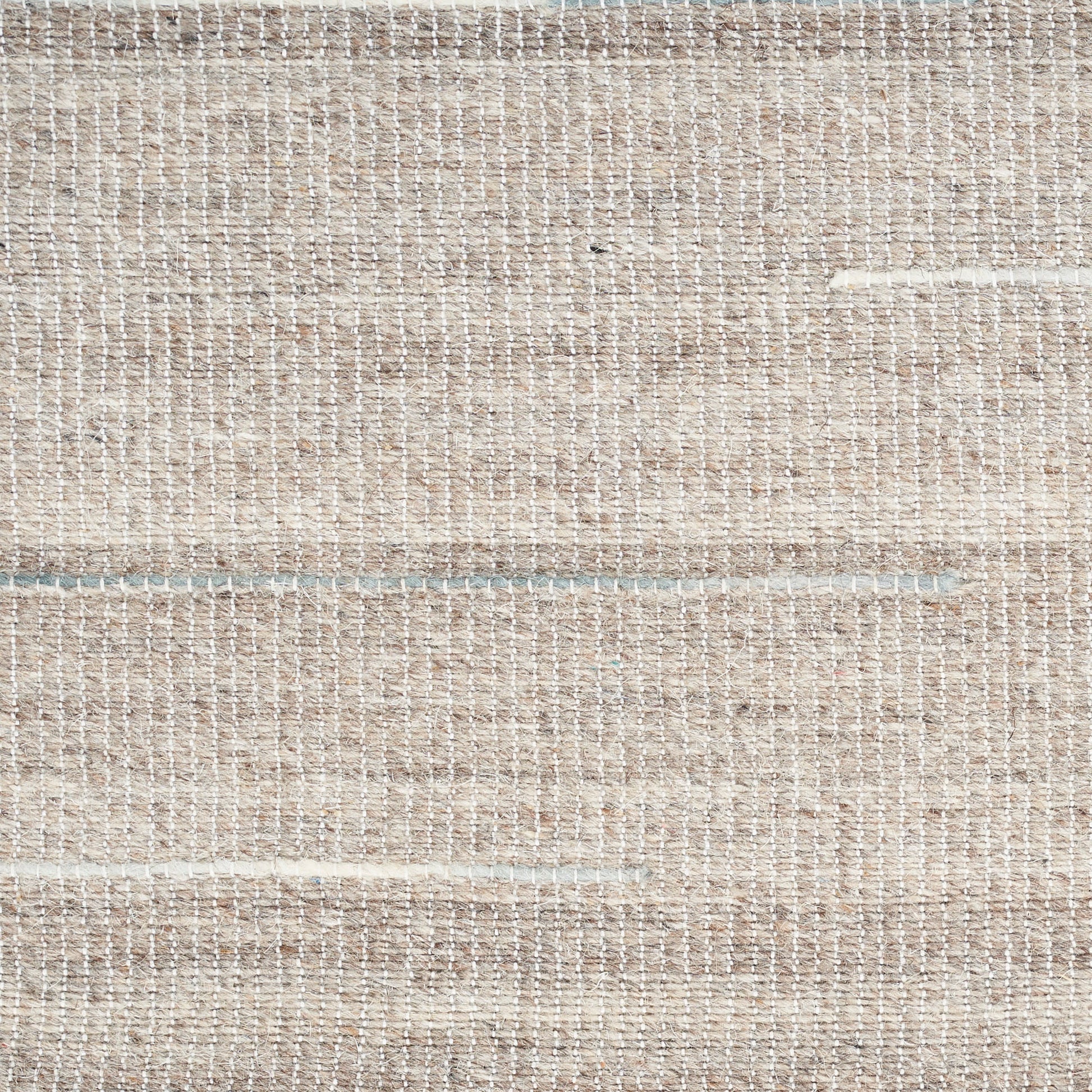 Beige woven rug with subtle light gray horizontal stripes and a textured flat-weave look.