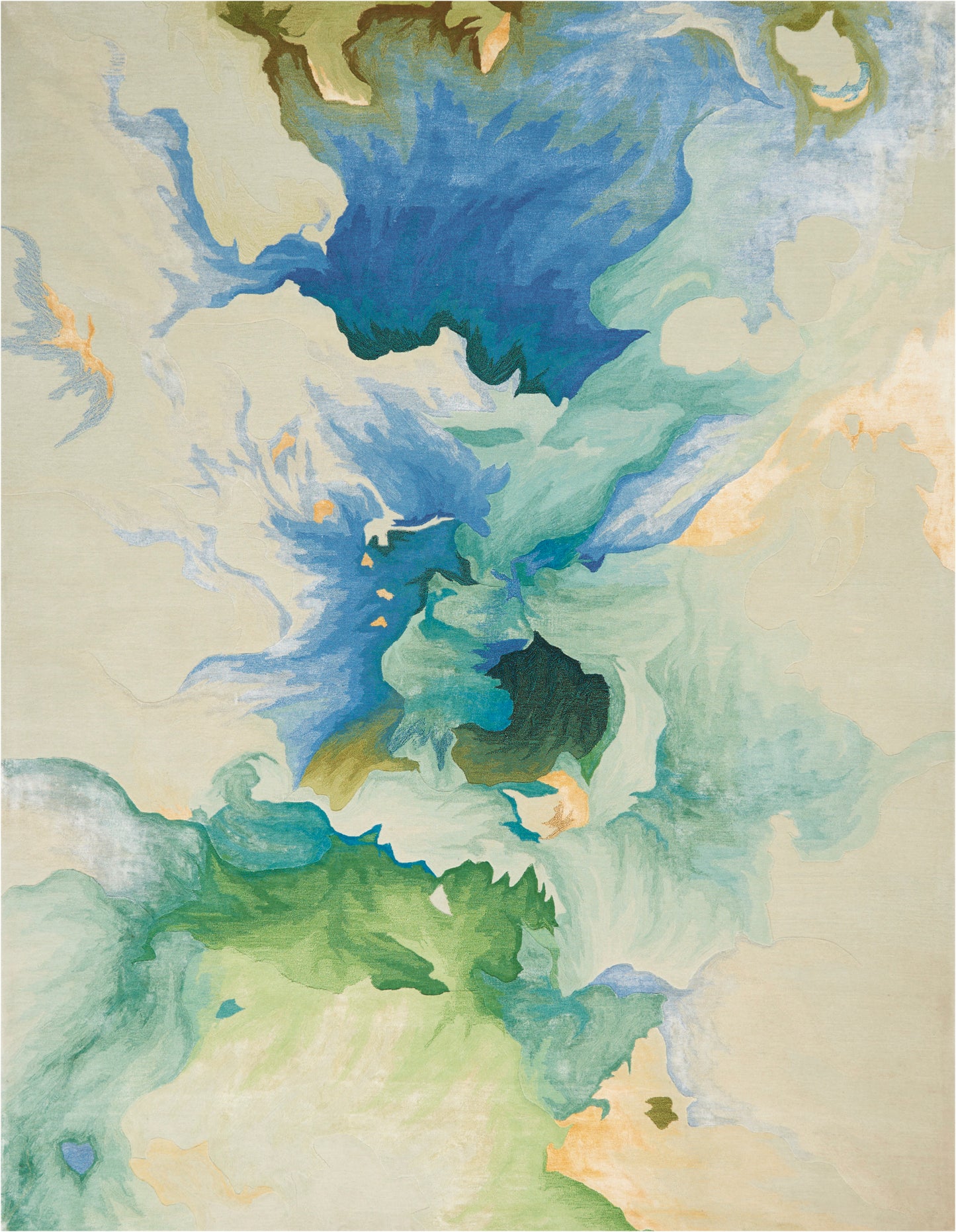 Abstract swirl of blues, teals, greens and peach on a modern rug; contemporary area rug for living spaces; size 8' x 10'.