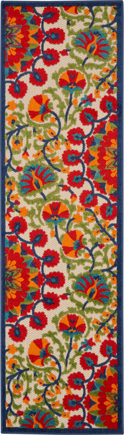 Long rectangular woven rug runner with bright multicolor floral pattern on beige, navy border.