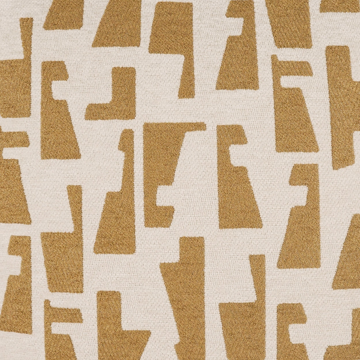 Beige woven fabric with mustard geometric shapes in a retro mid-century pattern, versatile for upholstery or pillows.