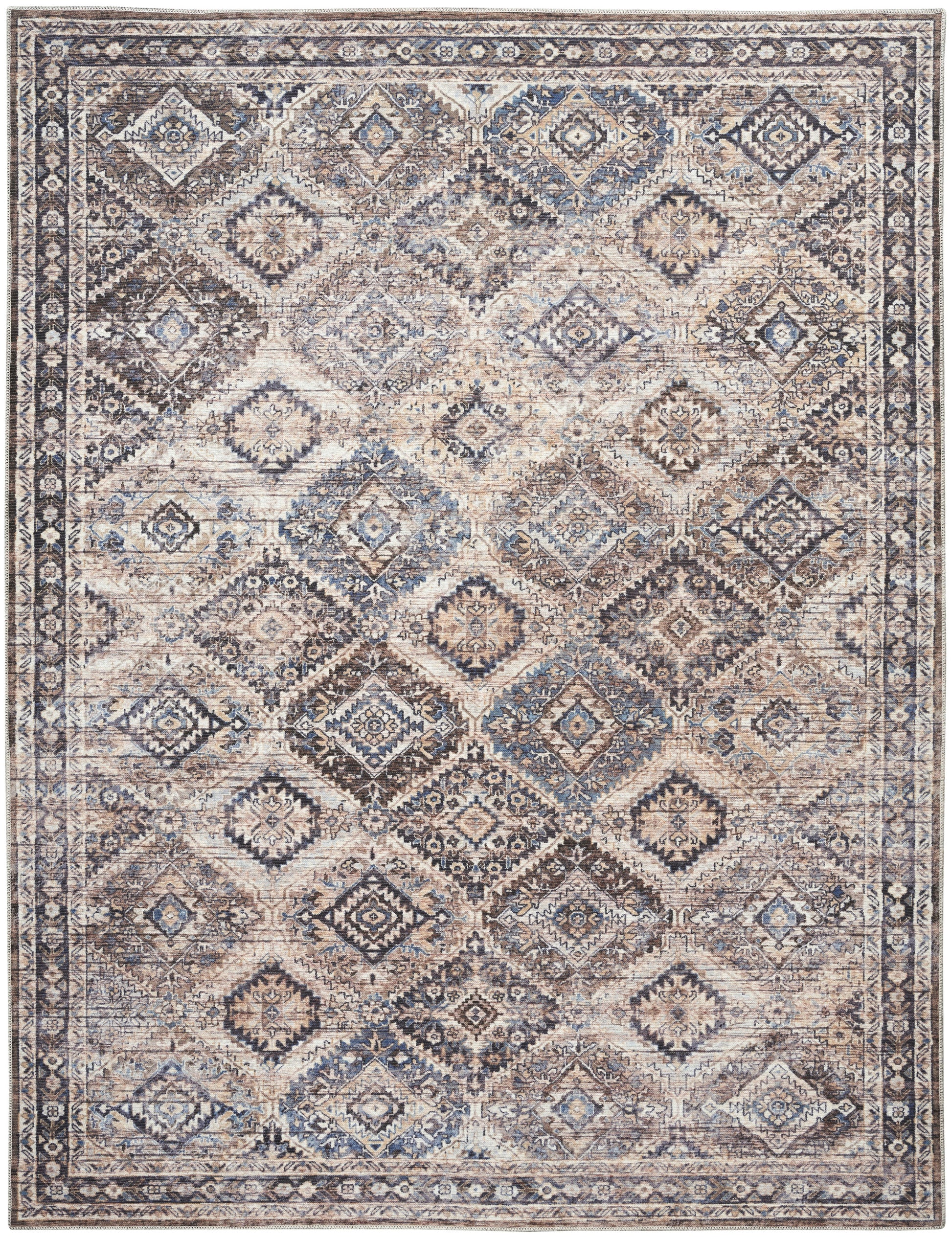 Vintage-style oriental rug with muted blues and beiges; diamond lattice pattern and ornate border.