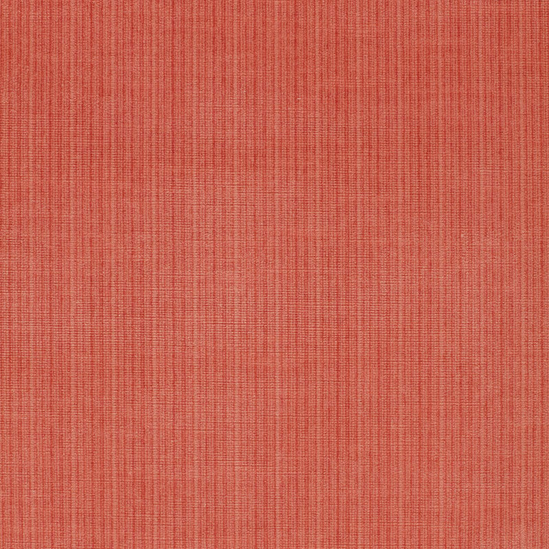 Coral red velvet with a subtle strie texture; plush upholstery fabric.