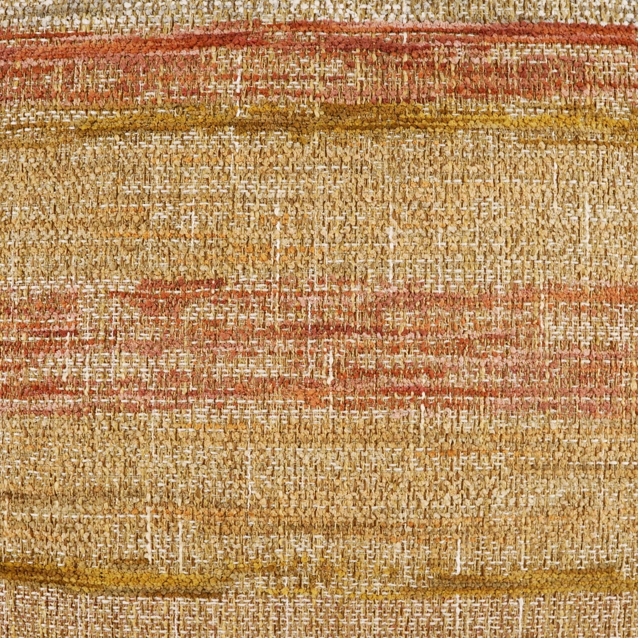 Beige-gold woven tweed fabric with rust and ochre stripes, a textured upholstery material for furniture.