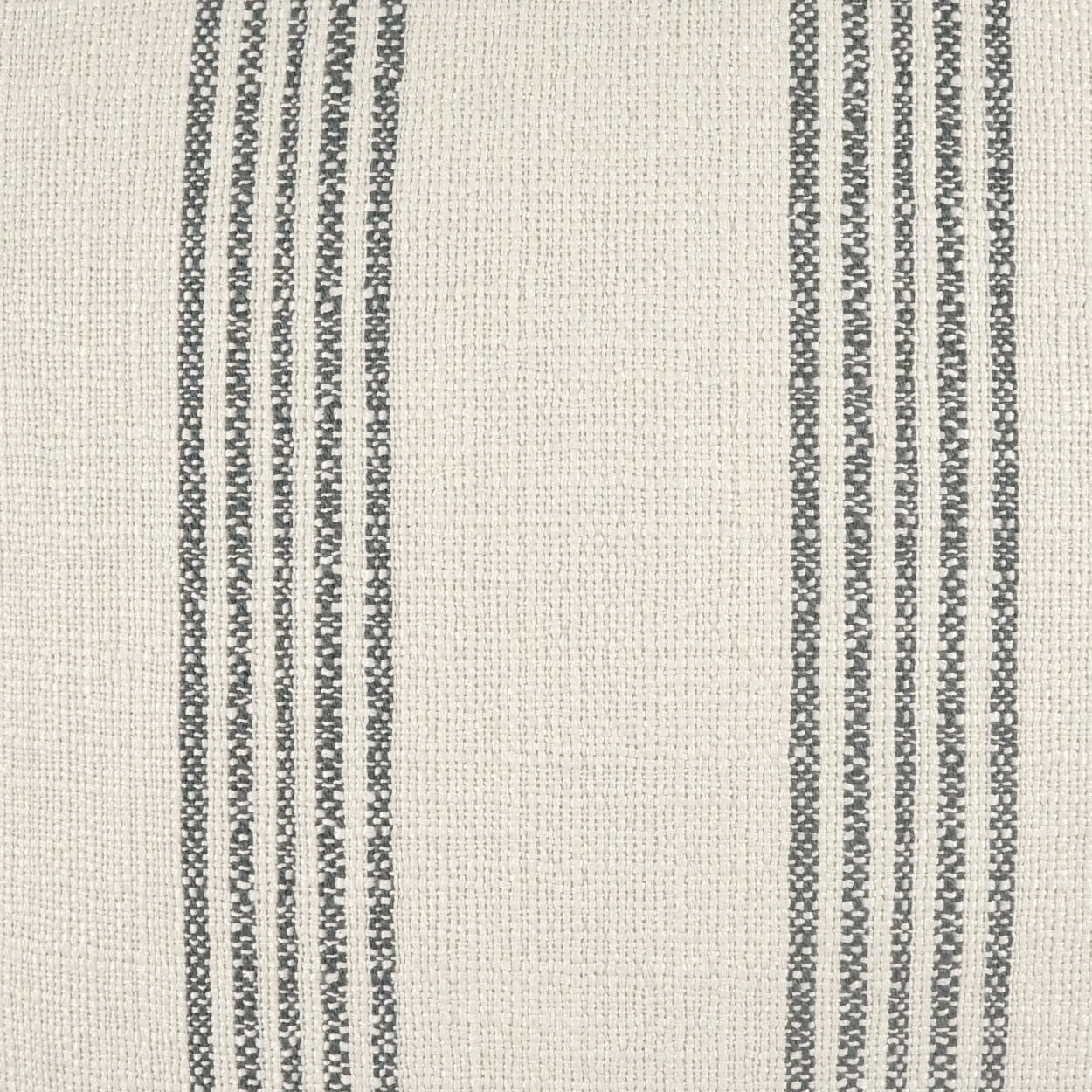 Beige woven fabric with dark gray vertical stripe accents along the edges and a textured linen-like weave.