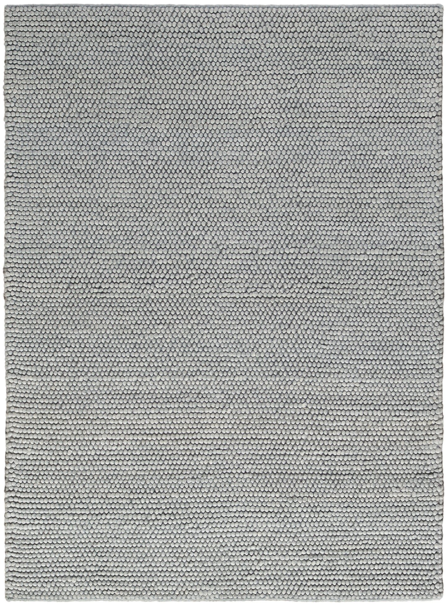 Light gray textured area rug with tiny pebble-like dot pattern; soft woven surface, rectangular, modern neutral style.