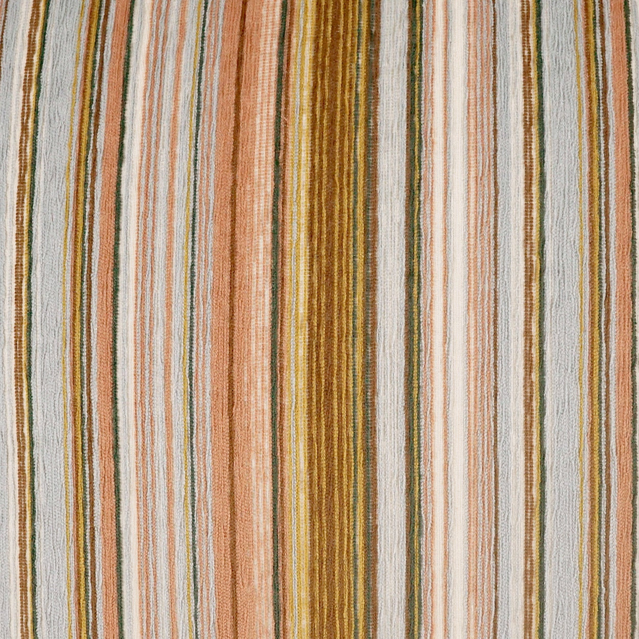 Textured striped fabric with vertical orange, tan, yellow, olive and cream stripes in a warm woven pattern.