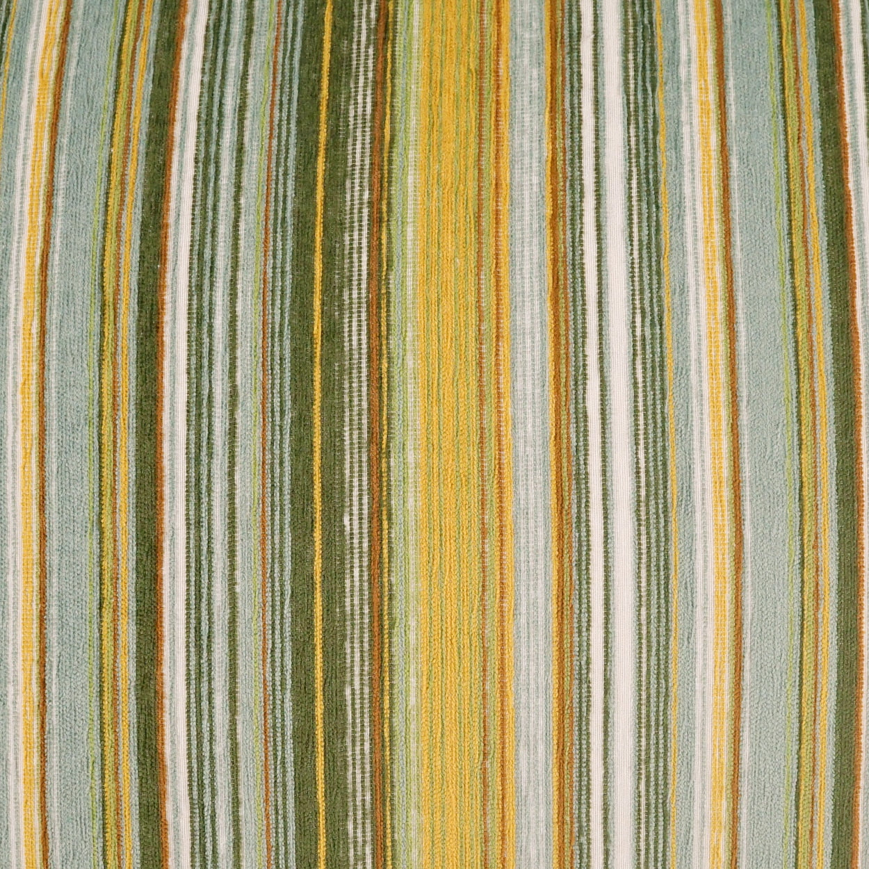 Striped fabric with vertical olive green, mustard yellow, gray and white stripes; textured woven textile.
