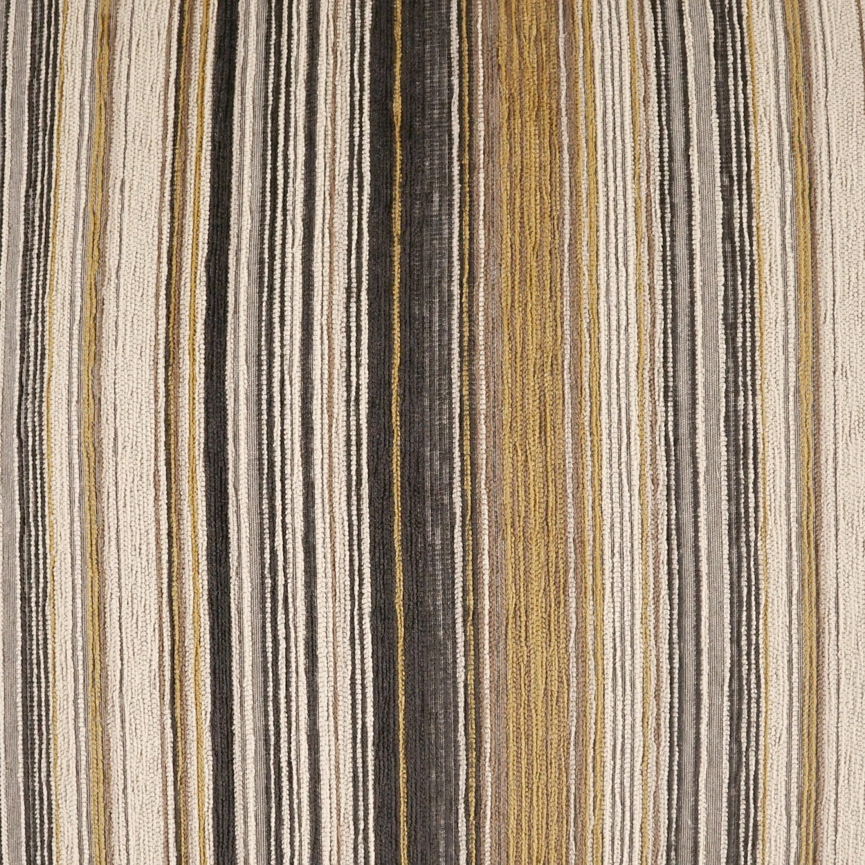 Vertical striped textured fabric in cream, beige, black, gray & mustard tones; woven, varying line widths.