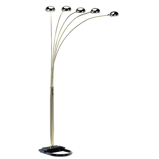 84" Brass Five Light Arc Floor Lamp With Brass Metal Dome Shade