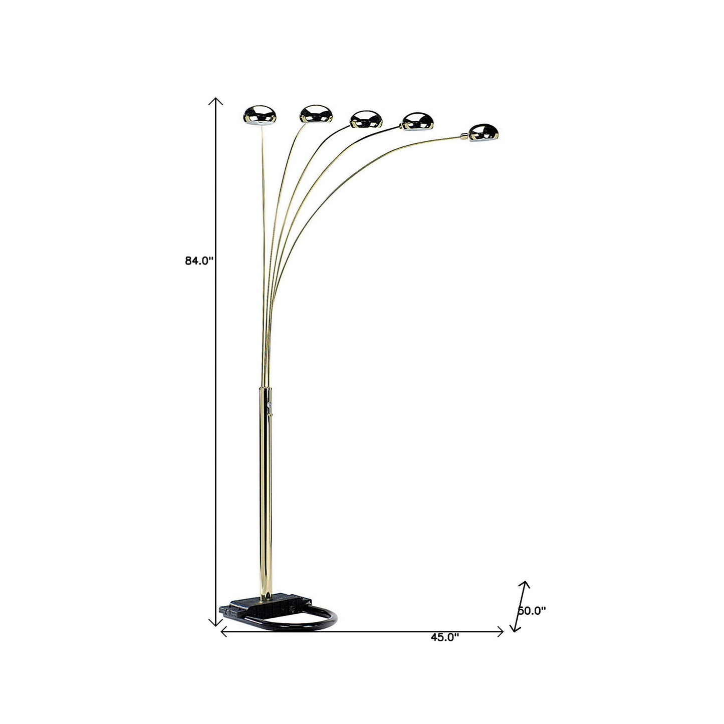 84" Brass 5 Arc Floor Lamp With Gold Dome Shade