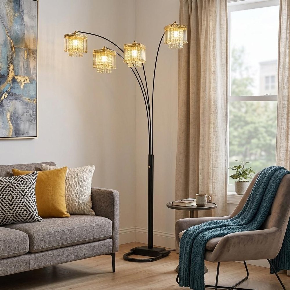 84" Black Four Light Arc Floor Lamp With Clear Crystal Glass Chandelier Shade