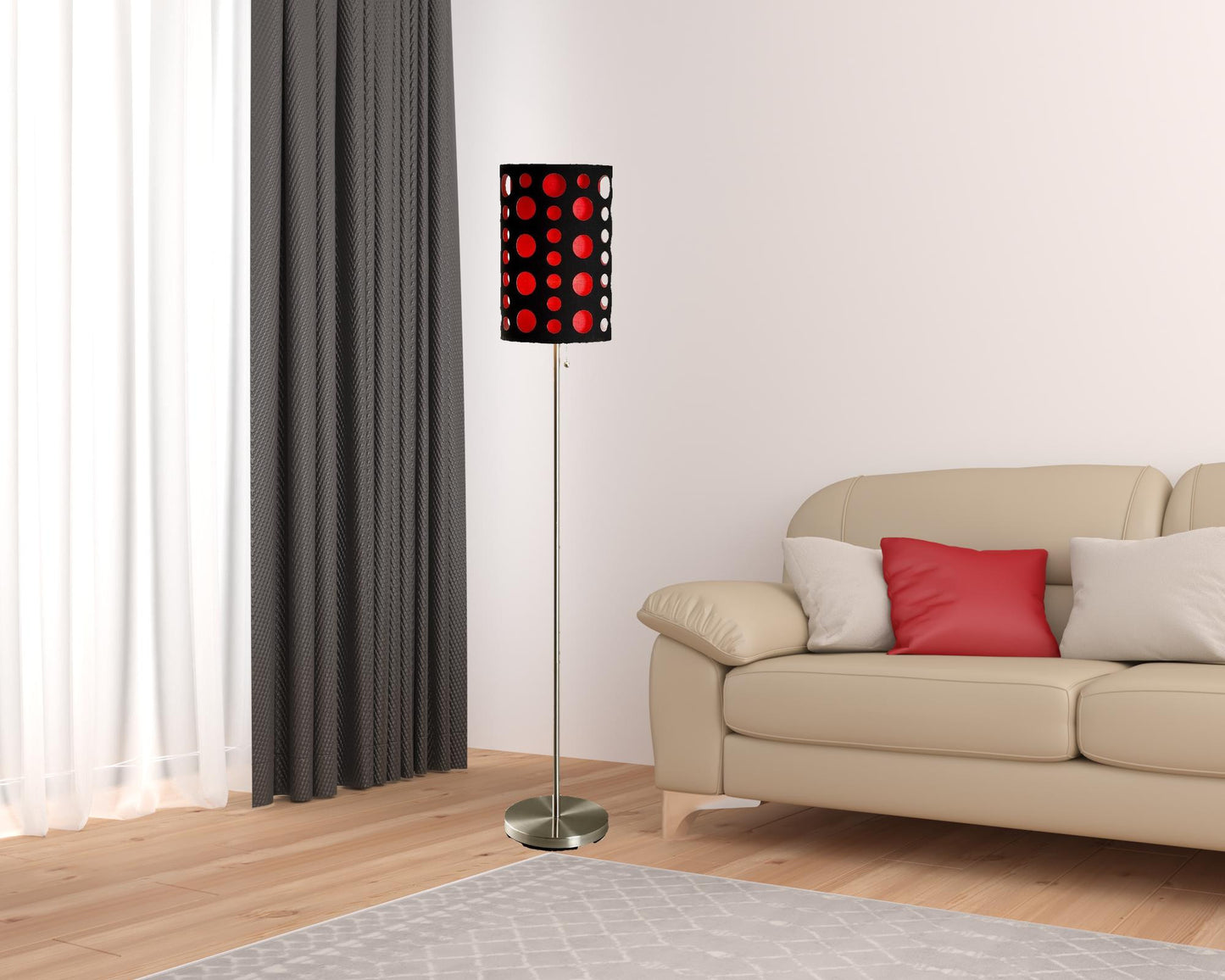 66" Steel Novelty Floor Lamp With Black And Red Drum Shade