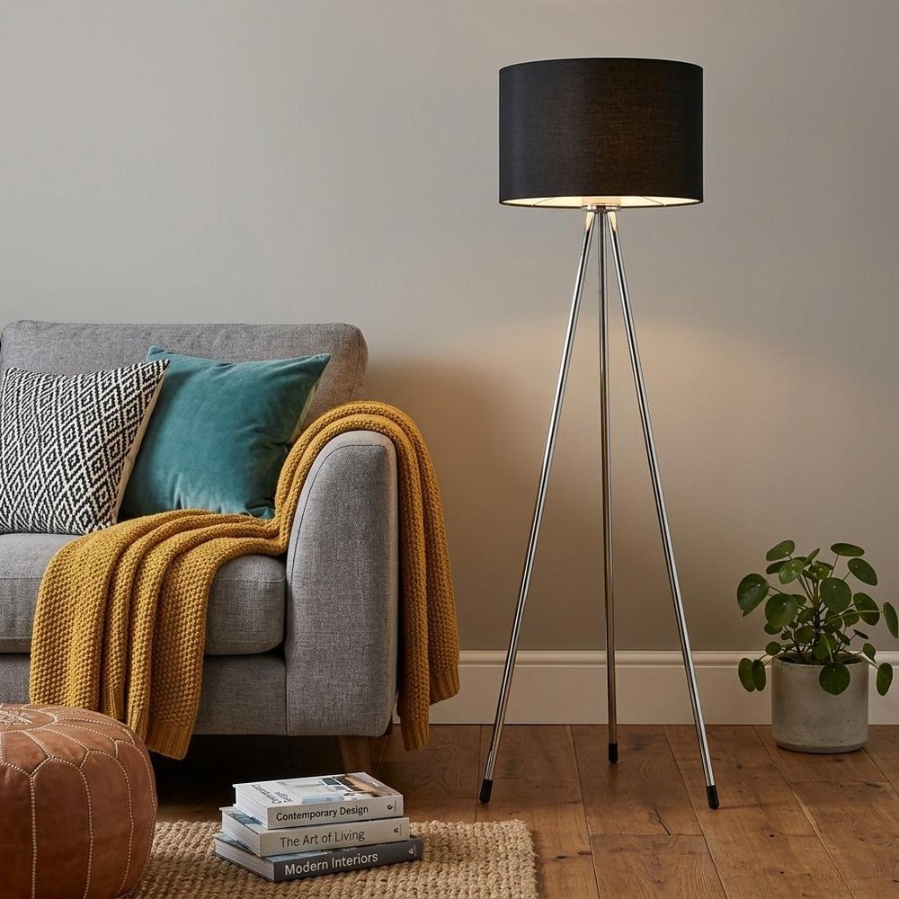 59" Silver Tripod Floor Lamp With Black Fabric Drum Shade