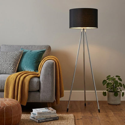 59" Silver Tripod Floor Lamp With Black Fabric Drum Shade