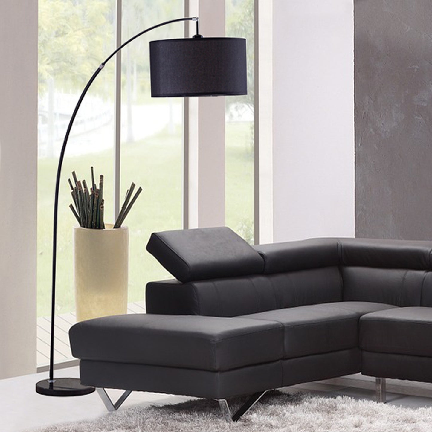 86" Sleek Black Arc Floor Lamp With Black Drum Shade