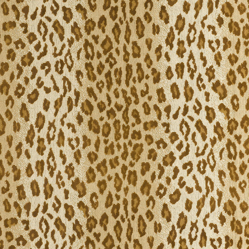 Beige fabric with brown leopard print pattern, faux animal-skin texture, safari-inspired textile.