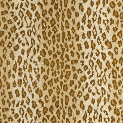 Beige fabric with brown leopard print pattern, faux animal-skin texture, safari-inspired textile.