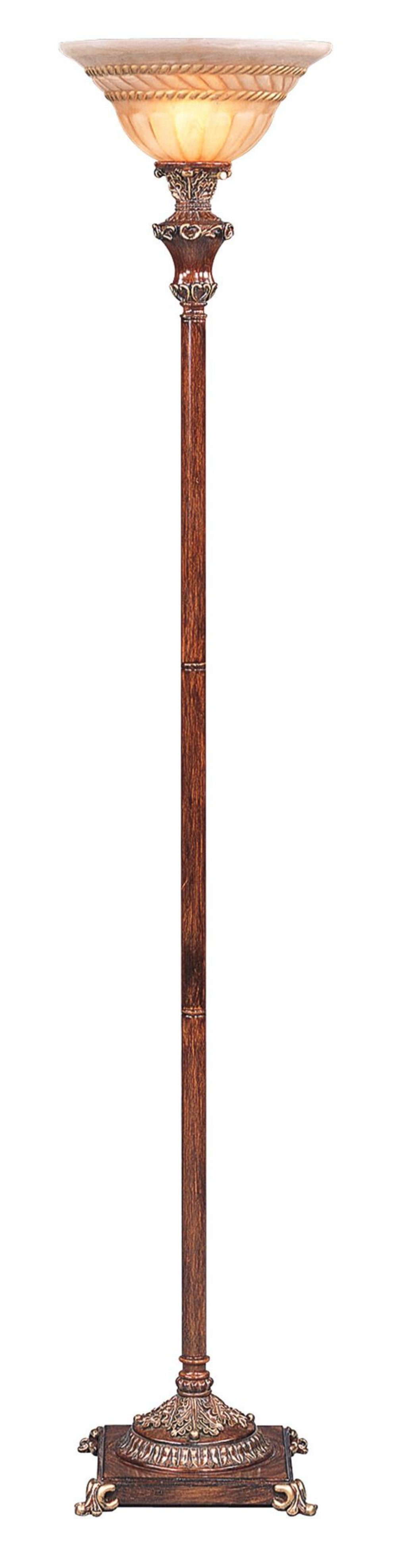 69" Brown Faux Wood Torchiere Floor Lamp With Brown Stained Glass Bell Shade