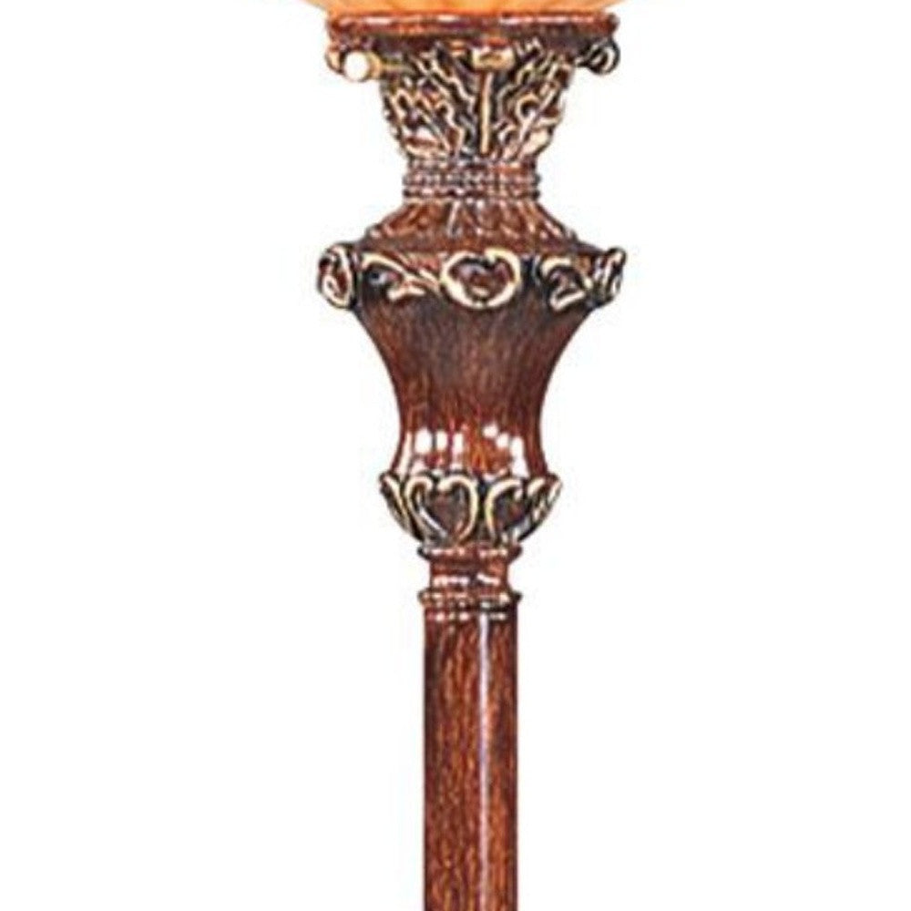 69" Brown Faux Wood Torchiere Floor Lamp With Brown Stained Glass Bell Shade