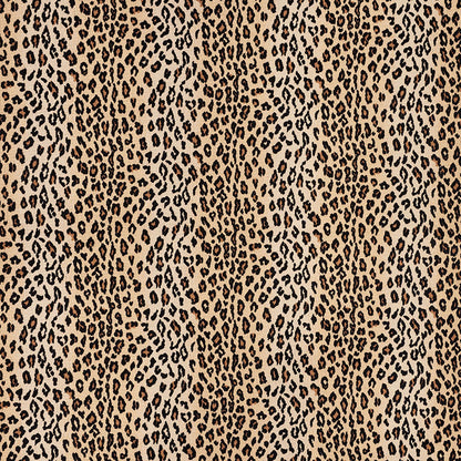 Leopard print fabric pattern in tan and black spots, animal-inspired design for clothing or accessories.