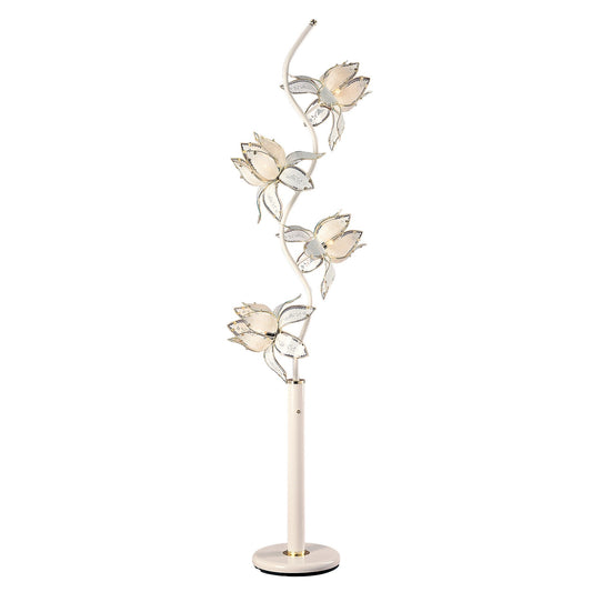 76" White and Gold Four Light Floor Lamp With Frosted Glass Floral Shades