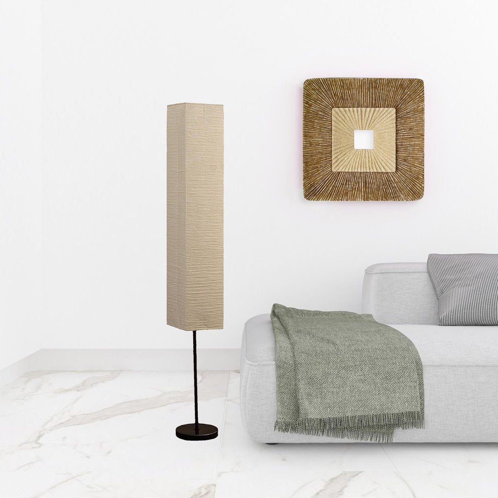 63" Black And Off White Column Floor Lamp With Off White Paper Rectangular Shade