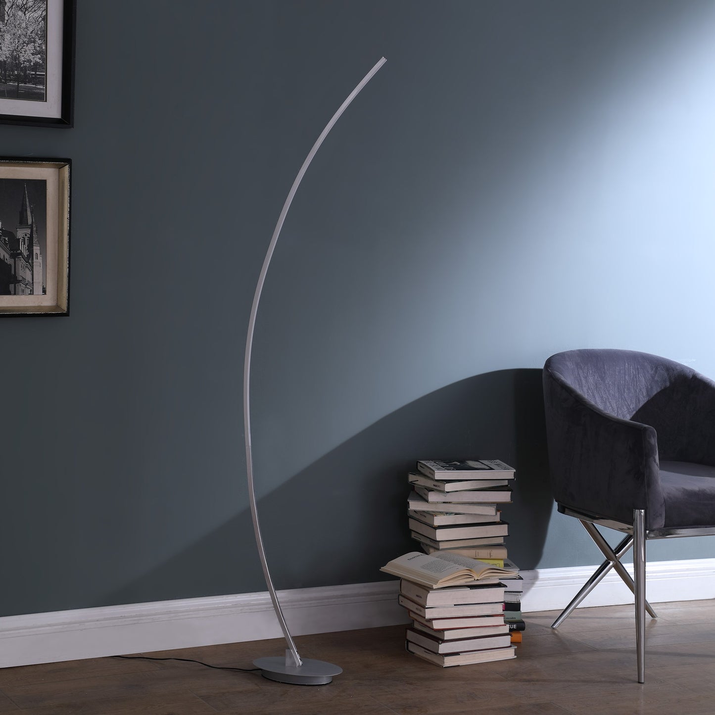 62" Silver And Soft White Arc LED Floor Lamp