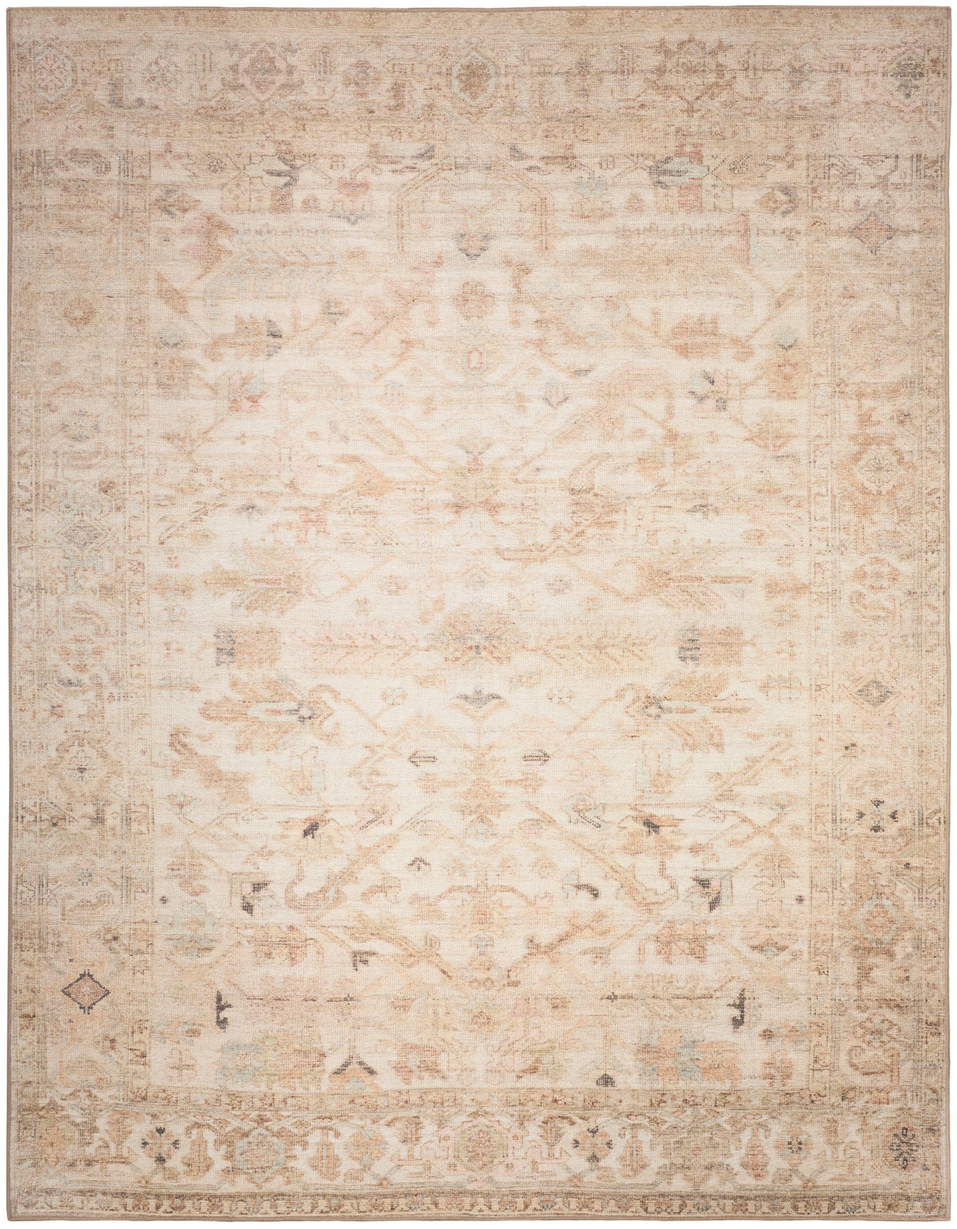 Ivory distressed Persian-style rug with faded floral medallion, beige-taupe tones, rectangular floor decor.