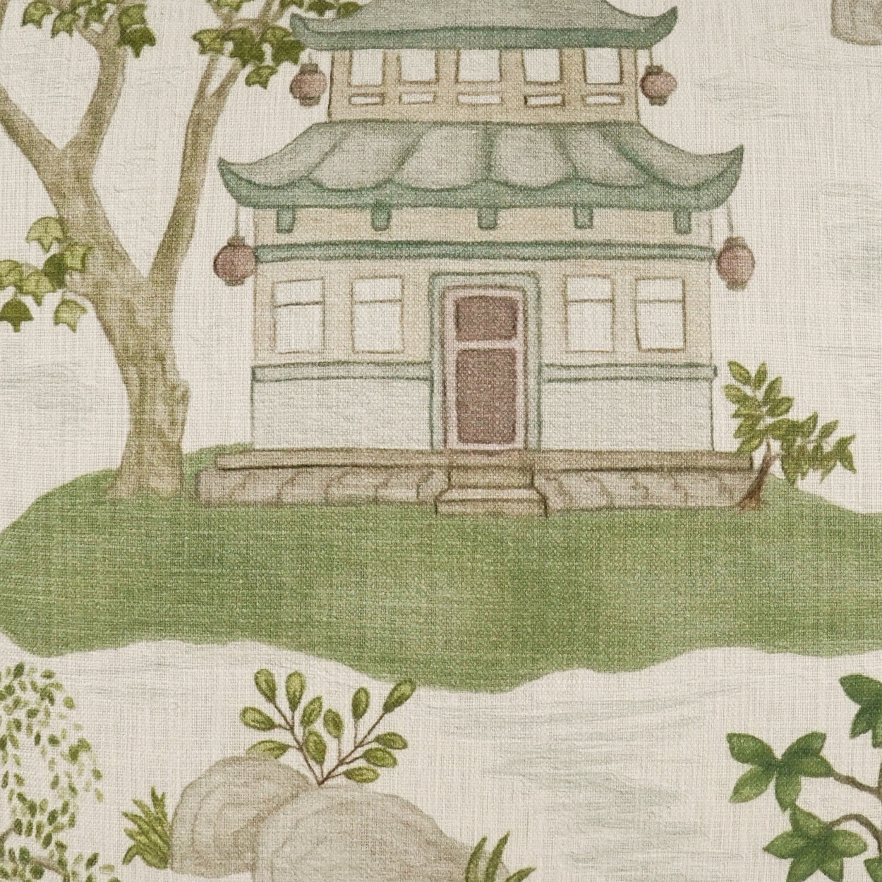 Cream fabric featuring a green-roofed pagoda house with lanterns, trees, rocks, and grassy hills.