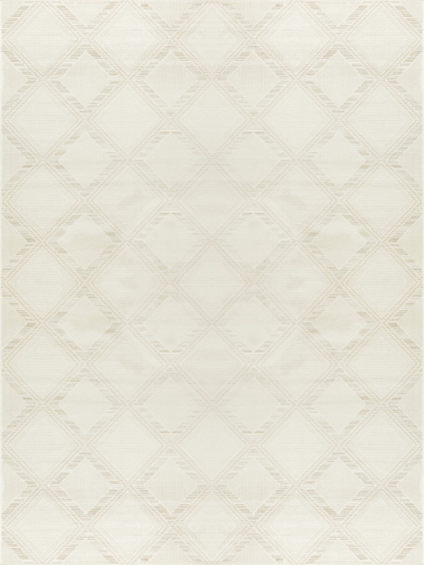 Cream geometric diamond lattice rug; woven texture with subtle beige pattern for living room or bedroom.