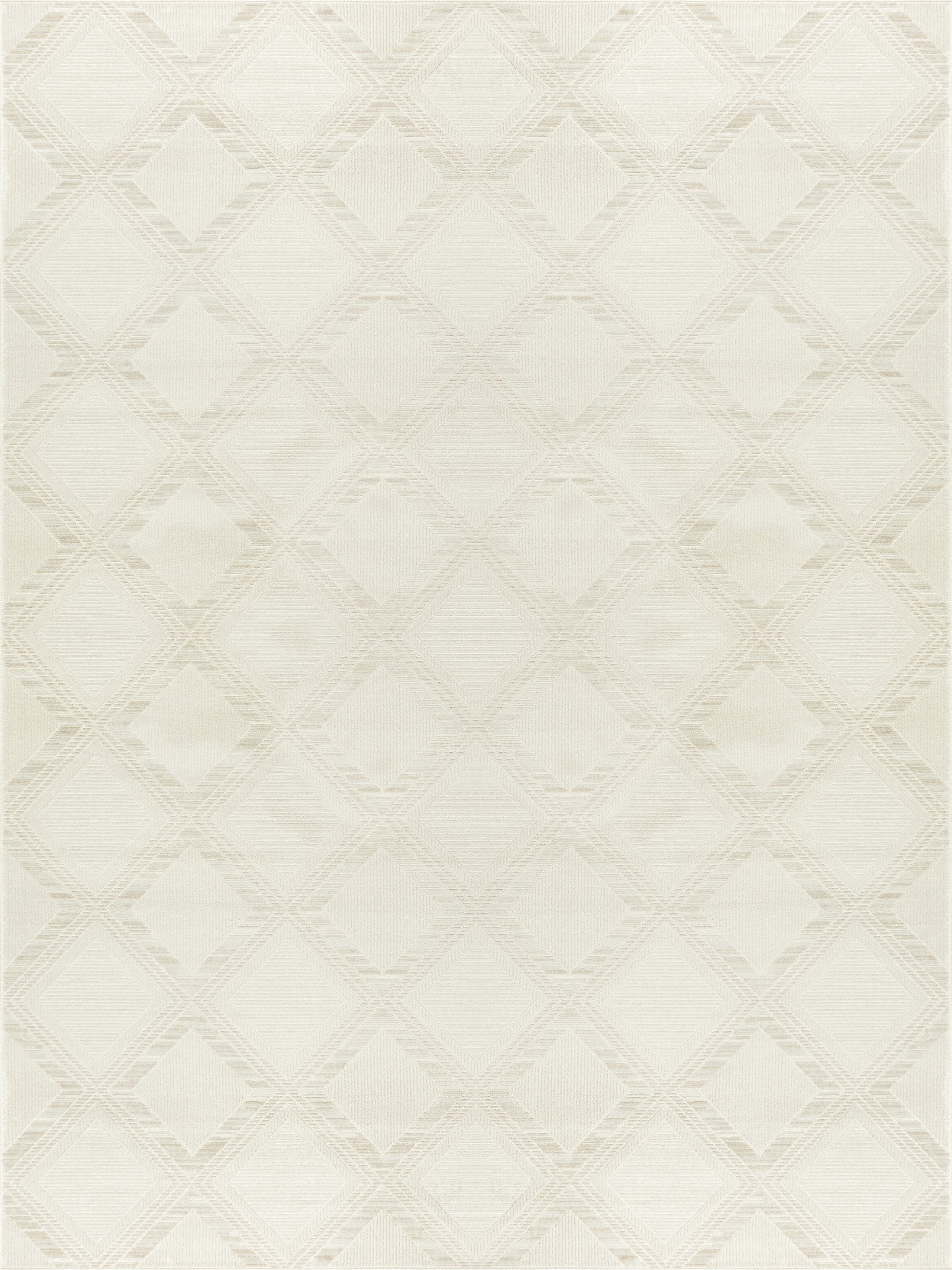 Cream geometric diamond lattice rug; woven texture with subtle beige pattern for living room or bedroom.